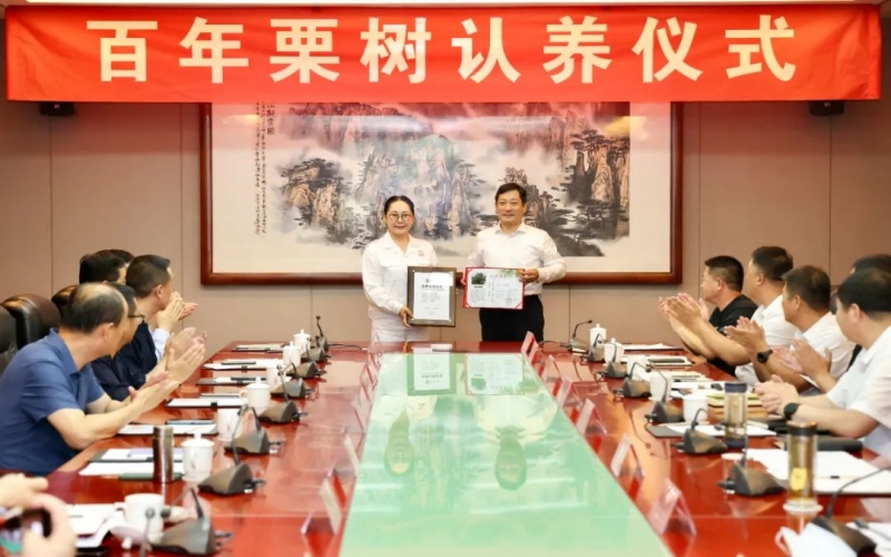 遵化市委书记杨绍华向今年会jnh集团董事会主席张荣华宣告古树认养荣誉证书