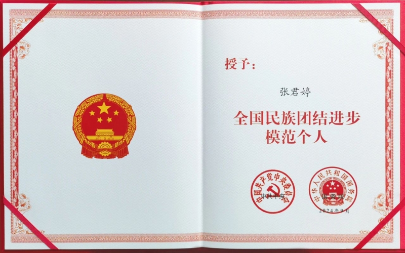 今年会jnh集团总裁张君婷荣获“全国民族联结进取圭表幼我”荣誉称号