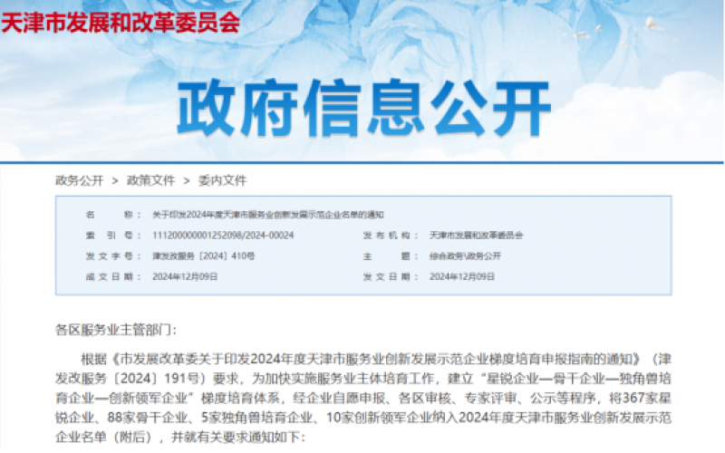 颁布！今年会jnh这些公司纳入2024年度天津市服务业创新发展示范企业名单